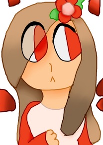 A cartoon girl with brown hair and red eyes. She is wearing a white shirt with red sleeves. There is a red flower in her hair. A cartoon girl with brown hair and red eyes. She is wearing a white shirt with red sleeves. There is a red flower in her hair.