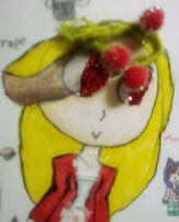 A cartoon girl with red eyes and a flower crown. She is wearing a white shirt and red jacket.