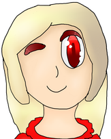 A cartoon girl winking. She has red eyes and is smiling. Her hair is blonde, but has some brown in it.