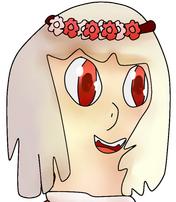 A cartoon girl wearing a flower crown. She has split hair, red eyes, and is smiling. The left half of her hair is blonde and the right half is light brown. Her shirt is white.