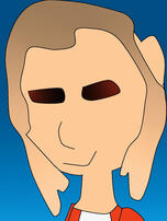 A cartoon girl with brown hair that fades into blonde. She is smiling and her eyes are closed. She is wearing a white shirt and a red jacket.
