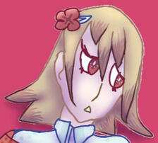 A cartoon girl with red eyes.