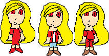 A cartoon girl with blonde hair and red eyes. She is depicted in three different outfits.