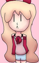 A cartoon girl with blonde hair that fades into brown. She is wearing a red hair ribbon and blue shorts. A cartoon girl with blonde hair that fades into brown. She is wearing a red hair ribbon and blue shorts.