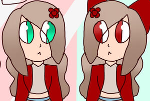 A cartoon girl with brown hair. She is wearing a flower in her hair. The girl is wearing a tan shirt and a red jacket. She has blue pants and a brown belt. There are two different versions of her. One has green eyes and a halo. One has red eyes and horns.