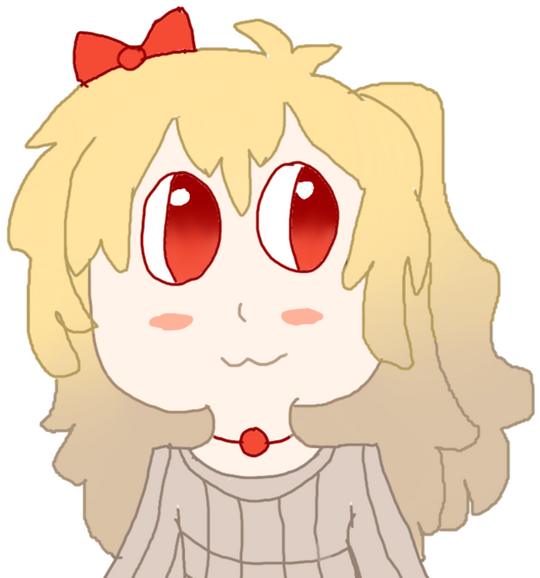 A cartoon girl with red eyes. Her hair is blonde and fades into brown. She is wearing a red necklace and tan shirt. A cartoon girl with red eyes. Her hair is blonde and fades into brown. She is wearing a red necklace and tan shirt.
