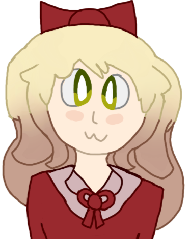 A cartoon girl with green eyes. She has blonde hair that fades into brown. She is wearing a red shirt. A cartoon girl with green eyes. She has blonde hair that fades into brown. She is wearing a red shirt.