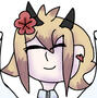 A cartoon girl with closed eyes. She is smiling. Her hair is blonde and brown. She is wearing a flower in her hair and earrings. A cartoon girl with closed eyes. She is smiling. Her hair is blonde and brown. She is wearing a flower in her hair and earrings. The girl has black horns and white angel wings. Her shirt is white.